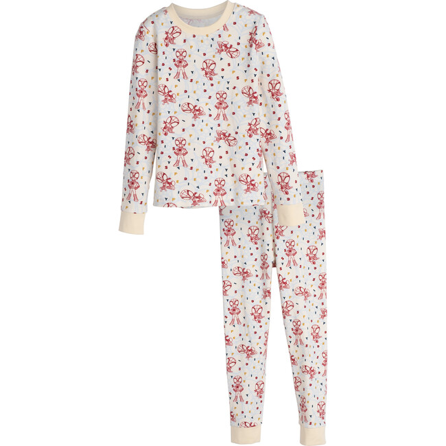 All-Over Print Long Sleeve Pajama, Cream Red & Blue - Pajamas - 1 - zoom