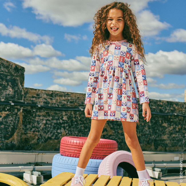 Long Sleeve Checkered Print Dress, Pink & White - Dresses - 2
