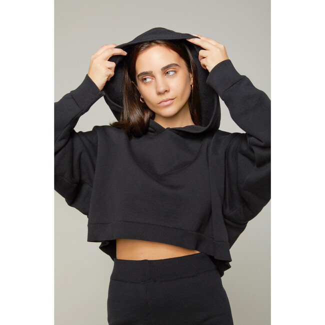 Women's Cropped Sweater Hooded Sweatshirt , Midnight Black