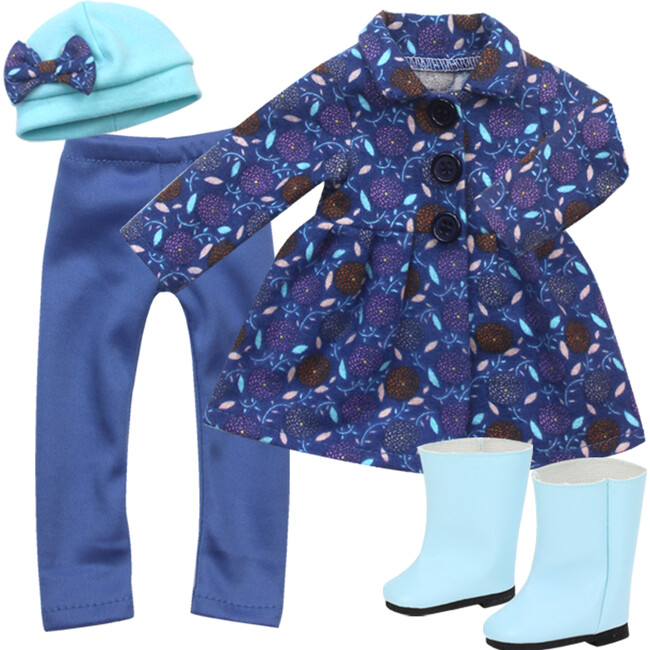 14.5" Doll, Print Coat, Pink Shirt, Leggings, Hat & Suede Boots, Blue