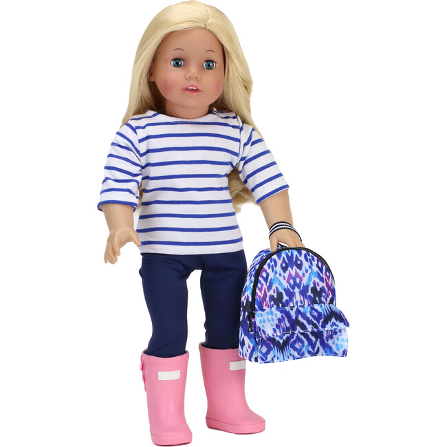 18" Doll, Print Nylon Backpack, Blue - Doll Accessories - 3
