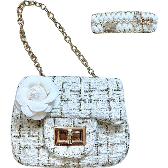 Tweed Peony Purse with Classy Bow Clip, White