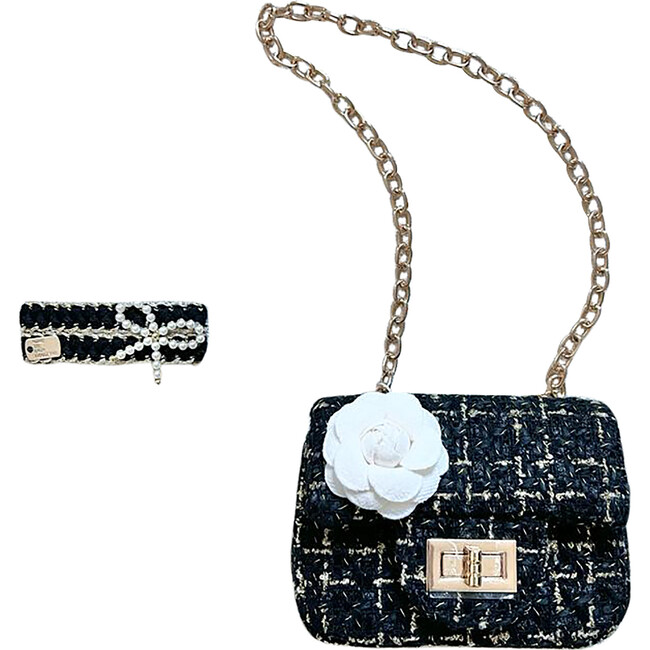 Tweed Peony Purse with Classy Bow Clip, Black