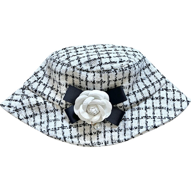 Tweed Hat with Peony Pin, Black and White