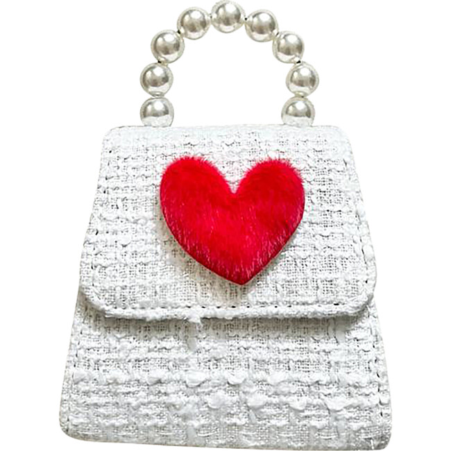 Tweed Purse with Furry Heart Patch, White - Bags - 1