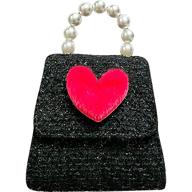Tweed Purse with Furry Heart Patch, Black - Bags - 1