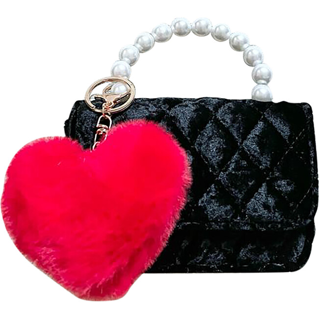 Velvet Purse With Faux Fur Heart, Black