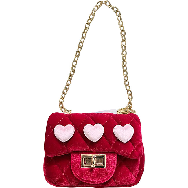 Velvet Purse With Heart Patches, Red