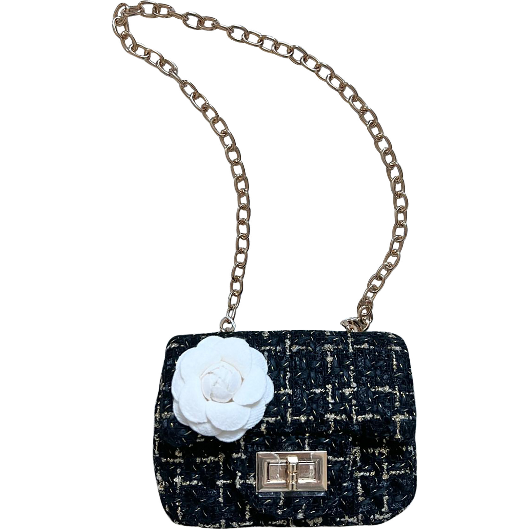 Tweed Little Lady Purse Peony With Golden Pattern, Black and Gold - Bags - 1