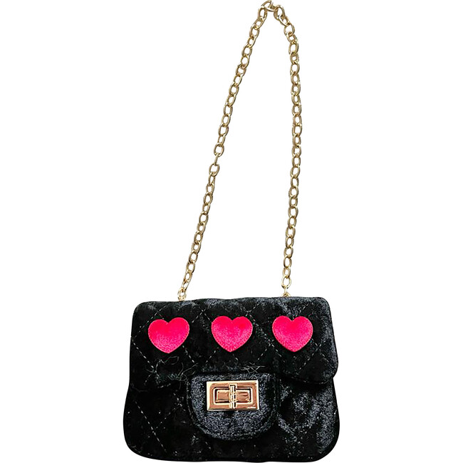 Velvet Purse With Heart Patches, Black