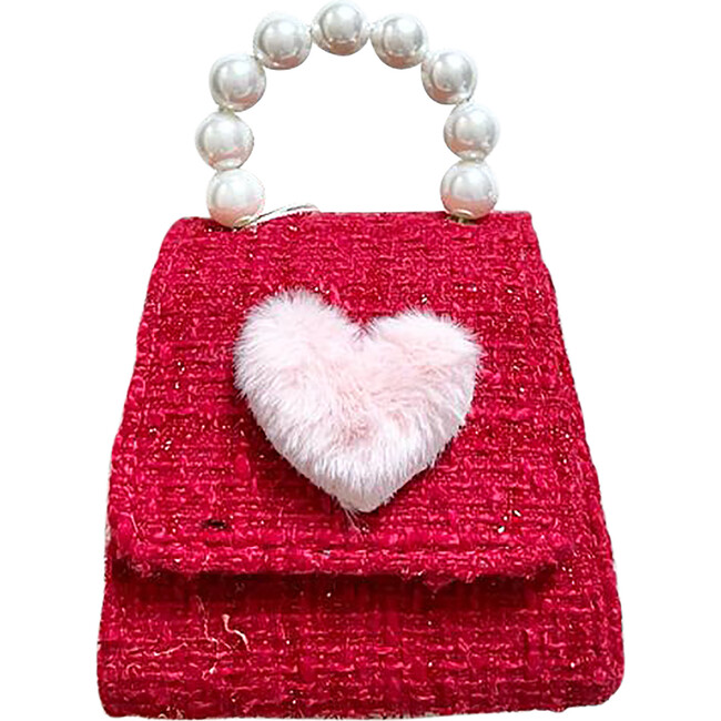 Tweed Purse with Furry Heart Patch, Red