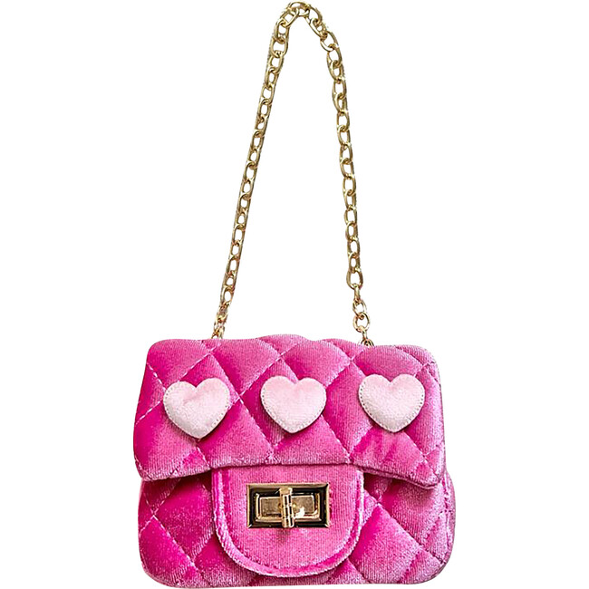 Velvet Purse With Heart Patches, Hot Pink