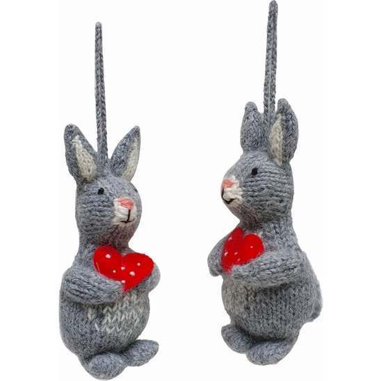 Set of 2 Valentine Bunny Ornaments, Grey