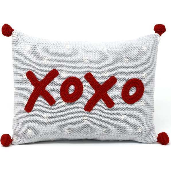 Xoxo Mini Pom Pom Pillow, Silver/Red