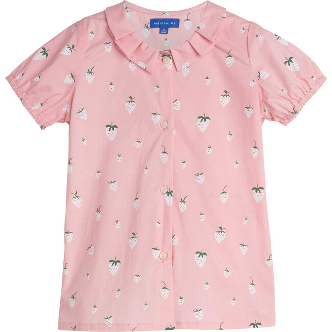 Stella Short Sleeve Pleated Collar Top, Pink Strawberries - Shirts - 1