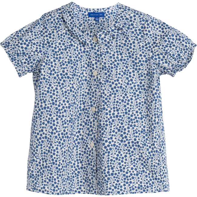 Stella Short Sleeve Pleated Collar Top, Blue Ditsy Floral - Shirts - 1