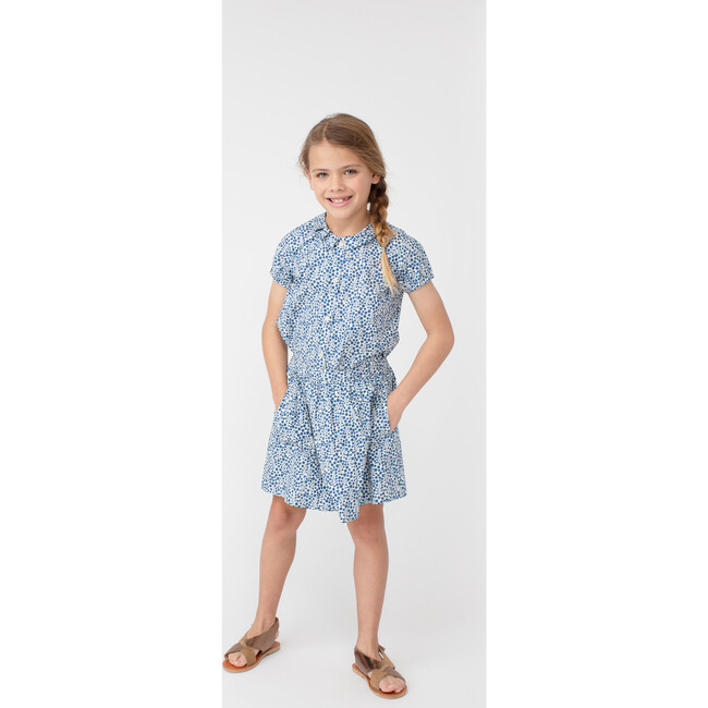 Stella Short Sleeve Pleated Collar Top, Blue Ditsy Floral - Shirts - 2