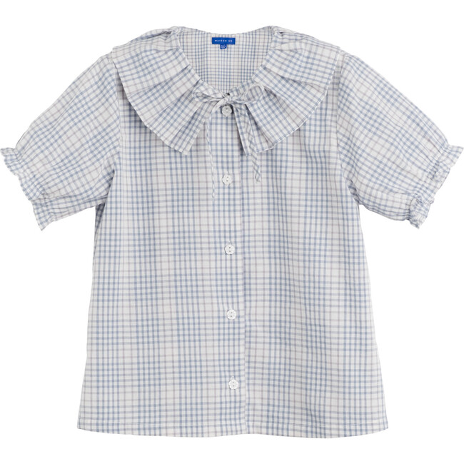 Lily Ruffle Collar Blouse, Light Blue Check - Blouses - 1