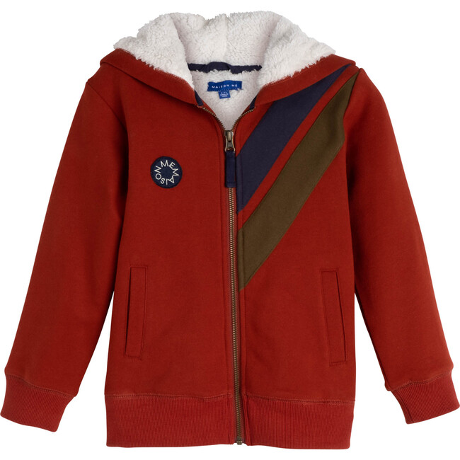 Benji Double Stripe Sherpa Hoodie, Brick - Sweatshirts - 1