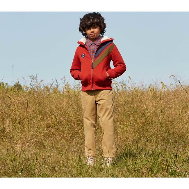 Benji Double Stripe Sherpa Hoodie, Brick - Sweatshirts - 5