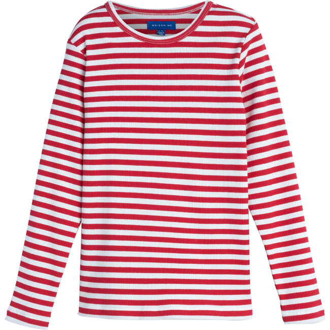 Ruby Ribbed Long Sleeve, Red Stripe - Shirts - 1