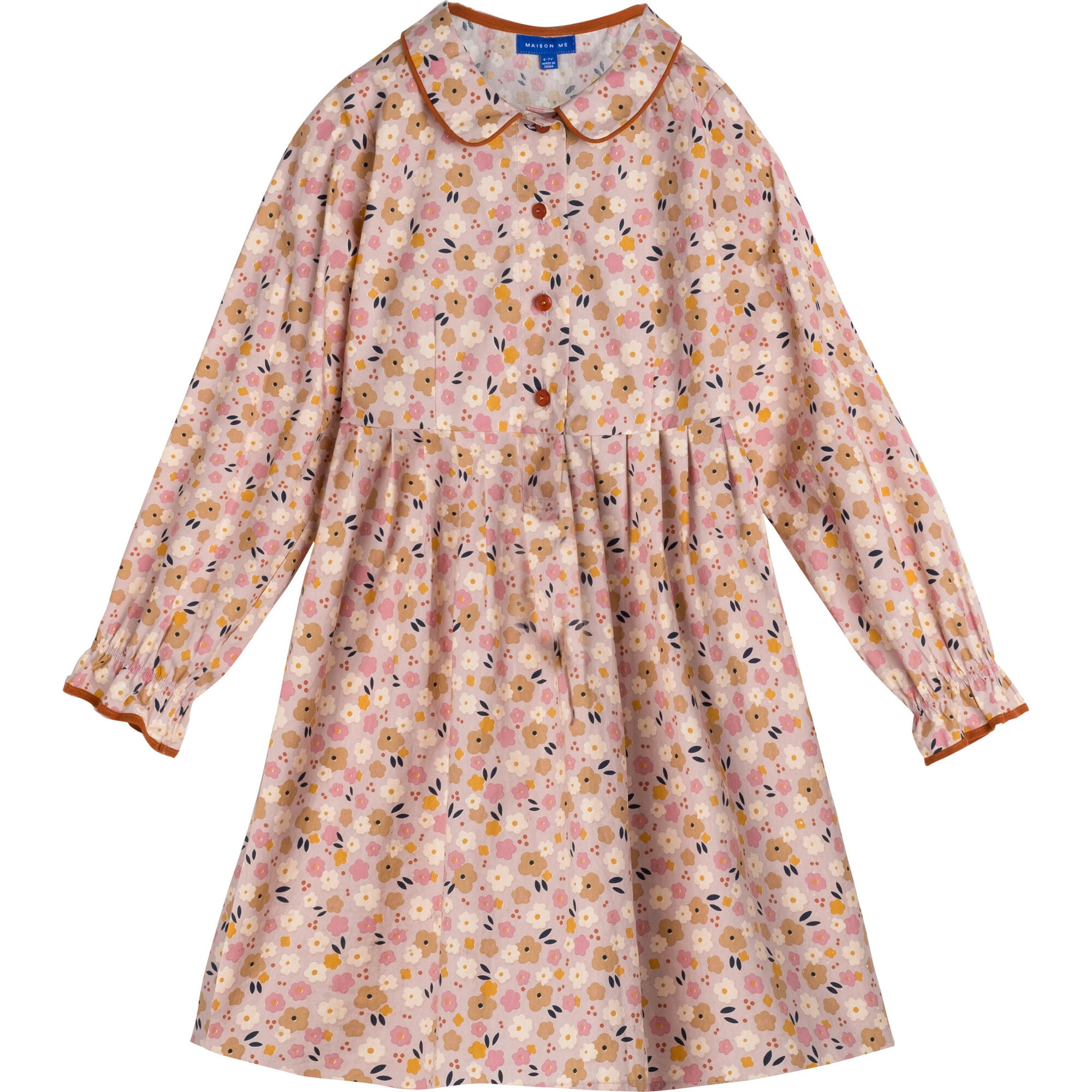 Emma Long Sleeve Collared Dress, Pink Graphic Flower