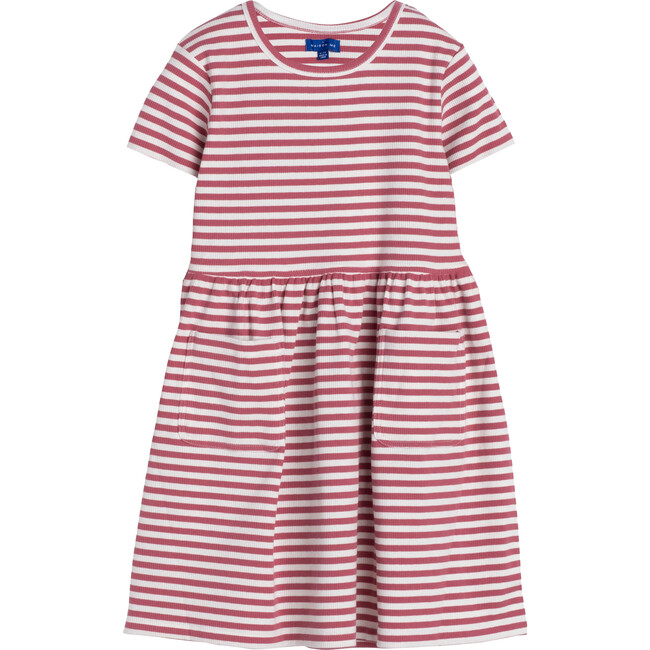 Marla Short Sleeve Ribbed Dress, Darker Dusty Rose Stripe - Dresses - 1