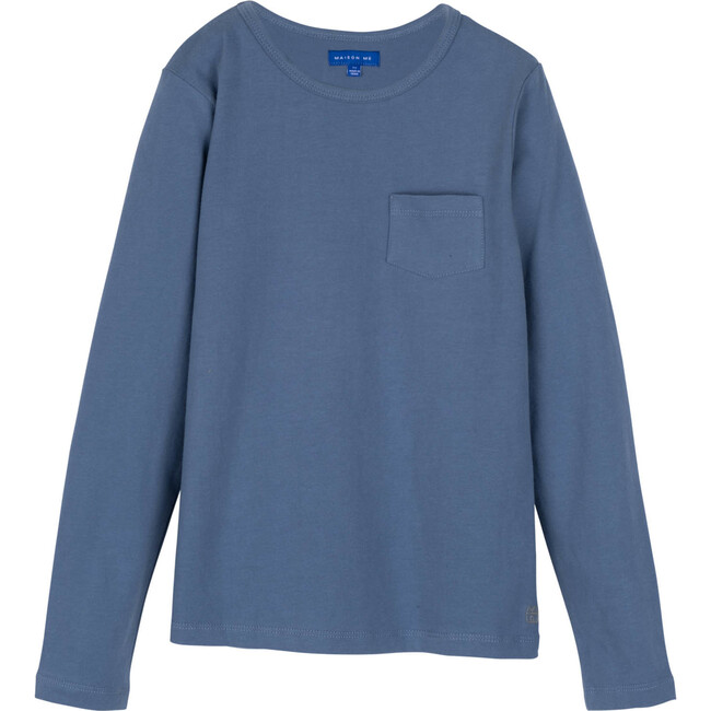 Drew Long Sleeve Tee, Dark Dusty Blue - Shirts - 1