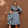 Women's Elizabeth Long Sleeve Collared Dress, Blue Check - Dresses - 2