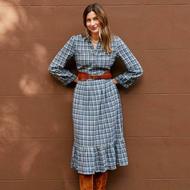 Women's Elizabeth Long Sleeve Collared Dress, Blue Check - Dresses - 7