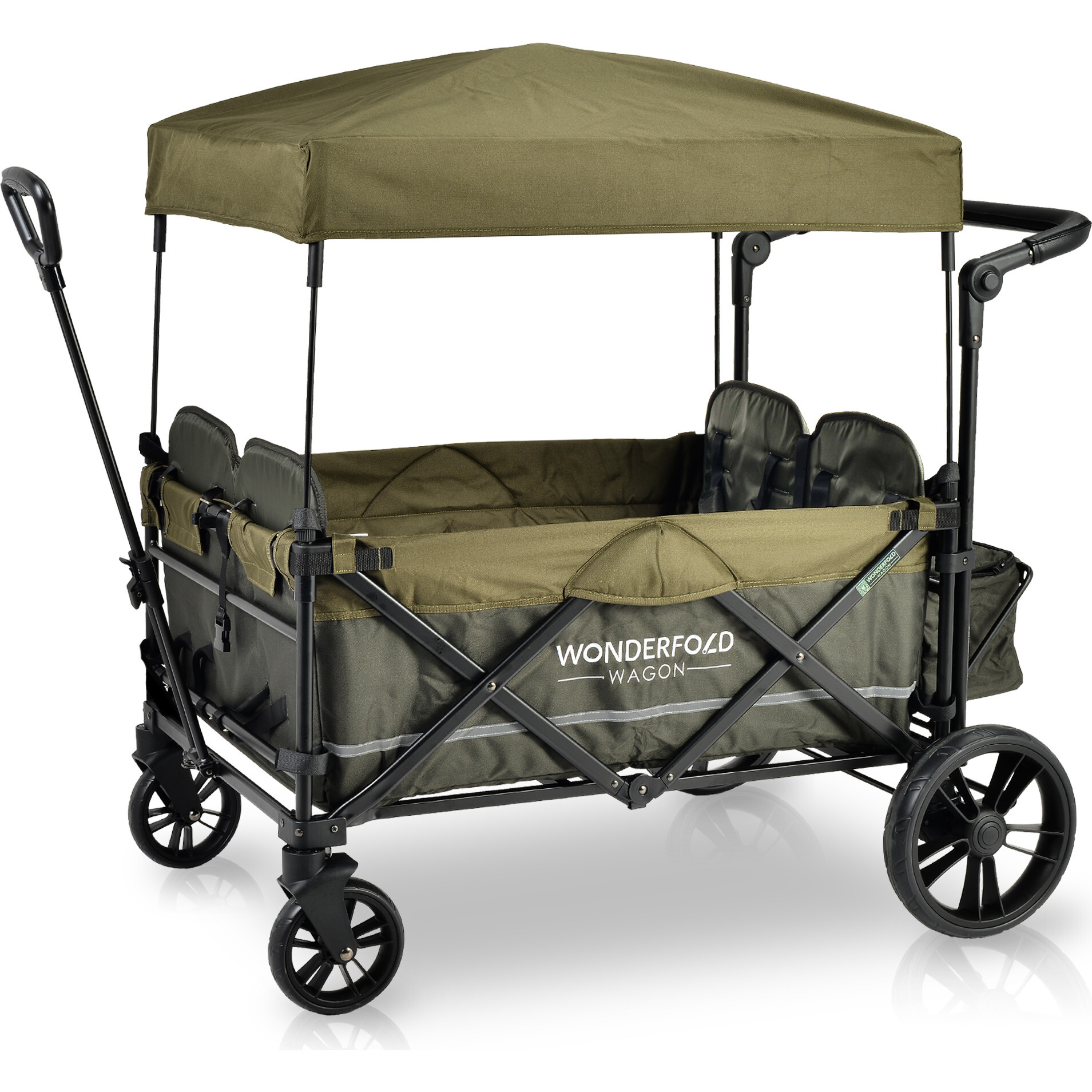 Pull & Push Quad Stroller Wagon 4 Seater with Magnetic Seatbelt Buckles, Green - Travel Systems - 1