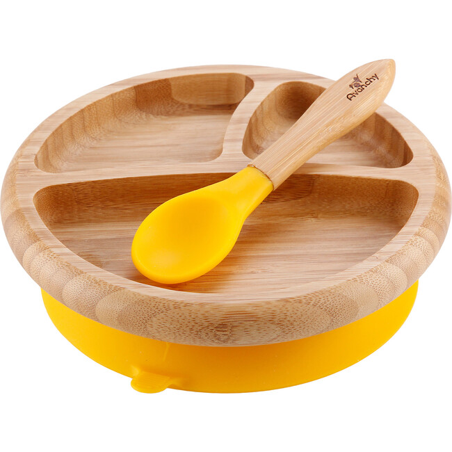 Baby Bamboo Stay Put Suction Plate + Spoon, Yellow