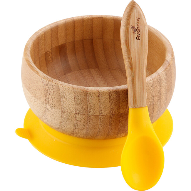 Baby Bamboo Stay Put Suction Bowl + Spoon, Yellow