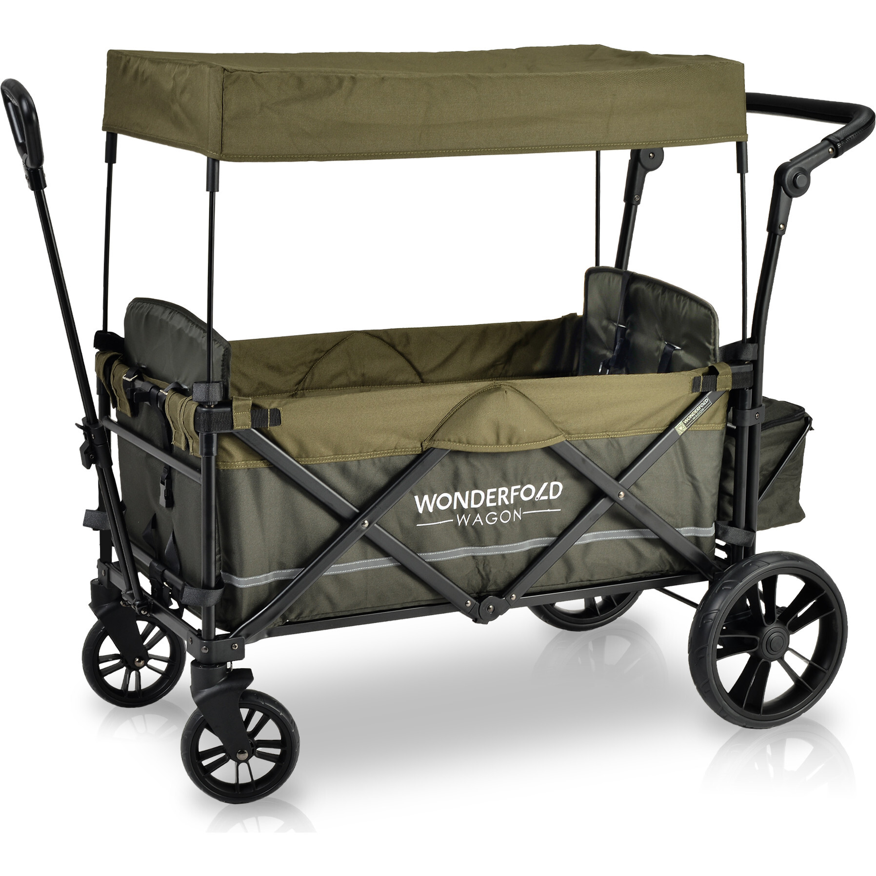 Pull & Push Double Stroller Wagon 2 Seater with Magnetic Seatbelt Buckles, Green - Double Strollers - 1