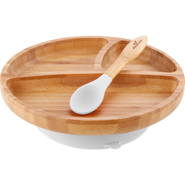 Toddler Bamboo Stay Put Suction Plate + Spoon, White