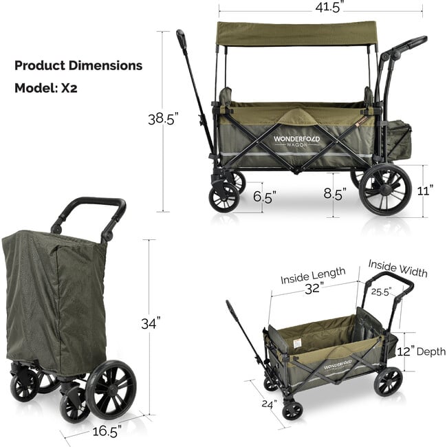 Pull & Push Double Stroller Wagon 2 Seater with Magnetic Seatbelt Buckles, Green - Double Strollers - 9