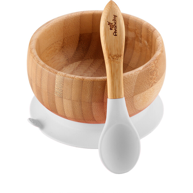 Baby Bamboo Stay Put Suction Bowl + Spoon, White