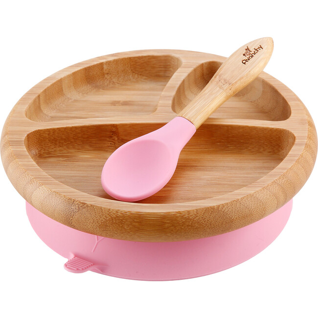 Baby Bamboo Stay Put Suction Plate + Spoon, Pink