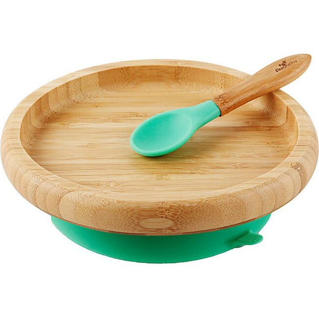 Classic Bamboo Stay Put Suction Plate + Spoon, Green