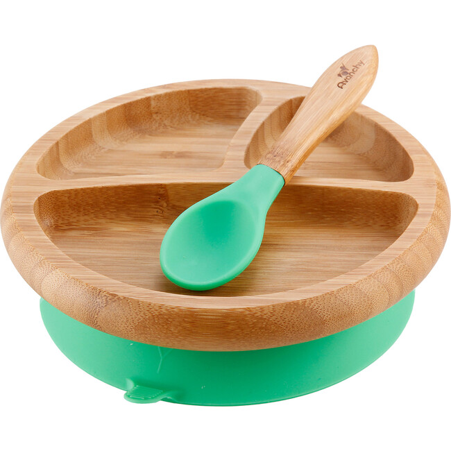 Baby Bamboo Stay Put Suction Plate + Spoon, Green