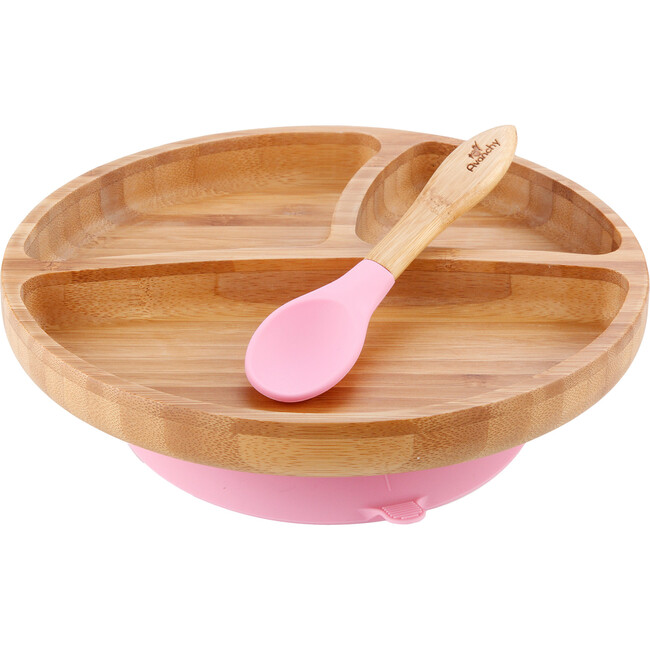 Toddler Bamboo Stay Put Suction Plate + Spoon, Pink