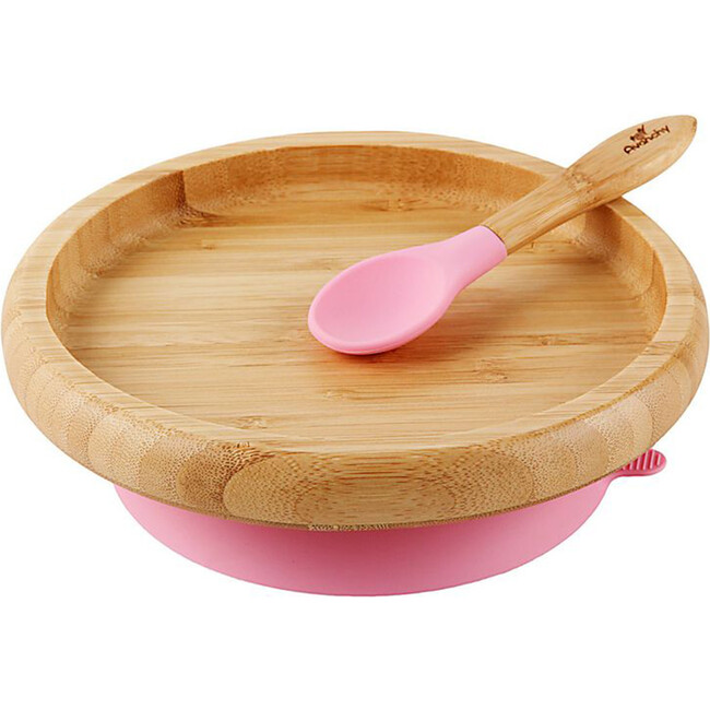 Classic Bamboo Stay Put Suction Plate + Spoon, Pink