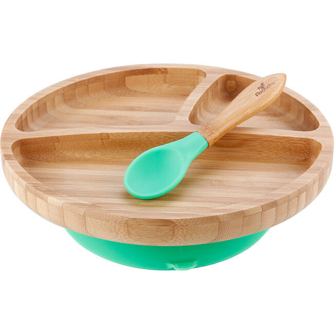 Toddler Bamboo Stay Put Suction Plate + Spoon, Green