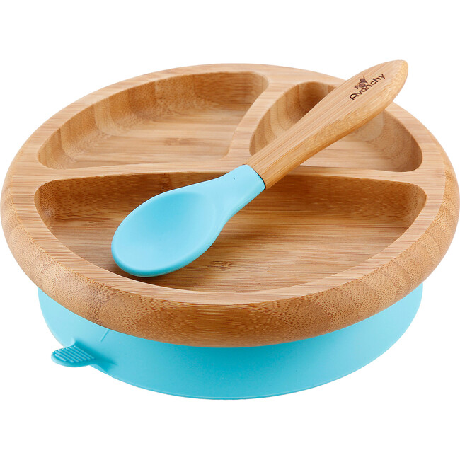 Baby Bamboo Stay Put Suction Plate + Spoon, Blue