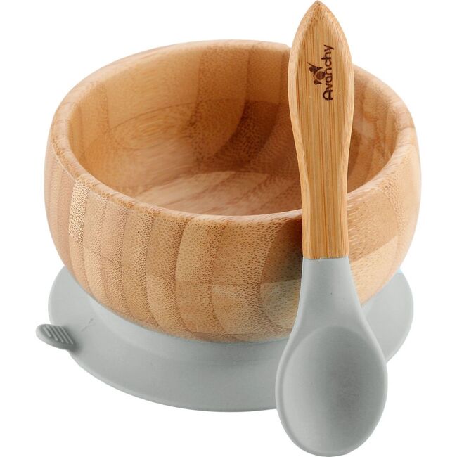 Baby Bamboo Stay Put Suction Bowl + Spoon, Grey - Tabletop - 1 - zoom