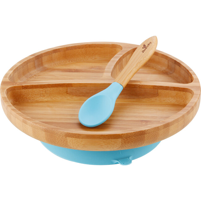 Toddler Bamboo Stay Put Suction Plate + Spoon, Blue