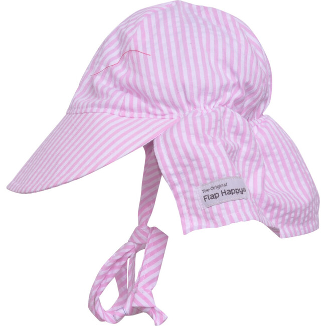 UPF 50+ Original Flap Hat with Ties, Pink Stripe Seersucker