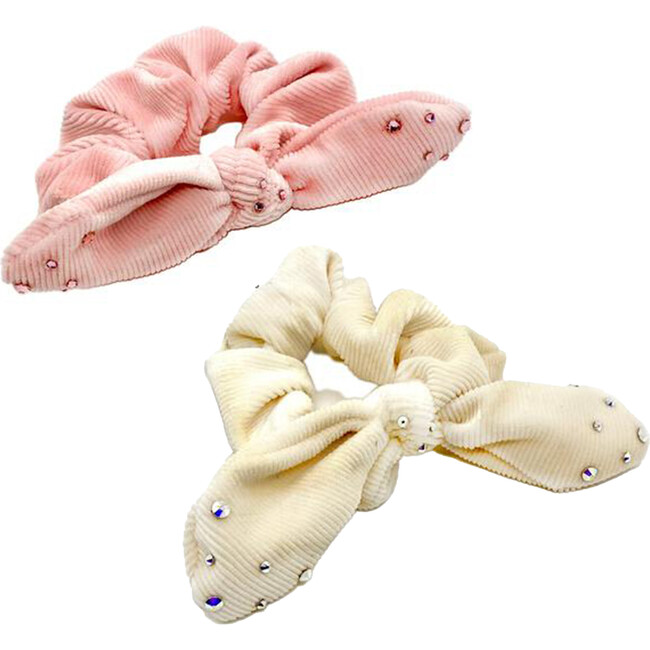 Pleated Velvet Scrunchies Set, Light Pink and White - Hair Accessories - 1