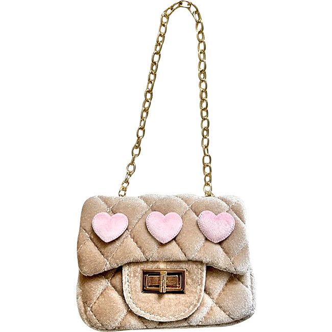 Velvet Purse With Heart Patches, Beige
