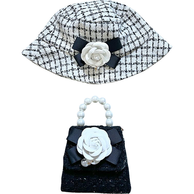 Peony Purse And Tweed Peony Hat, Black and White